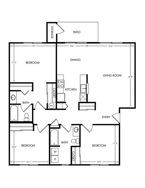 Floor plan for 3 beds, 2 baths, 1190 sqft